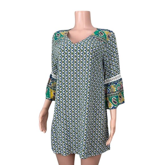 Umgee Womens Boho Tunic Dress SZ M Paisley Multicolor 3/4 Bell Sleeves V-Neck - Picture 10 of 16